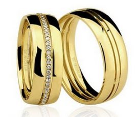 Par de Alianças anatômicas em ouro amarelo 18K-750 com 56 Diamantes com 28pts - Cod.77-0228-2-030