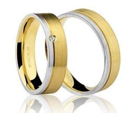 Par de Alianças anatômicas em ouro branco e amarelo 18K-750 escovado com 1 Diamante com 2pts - Cod.77-0187-X-002