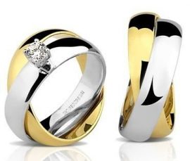 Par de Alianças duplas ouro branco e amarelo 18K com 1 Diamante de 20pts