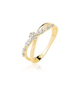 Anel aro cruzado, ouro 18k com diamantes