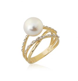 Anel aros cruzados ouro 18k com uma pérola e diamantes