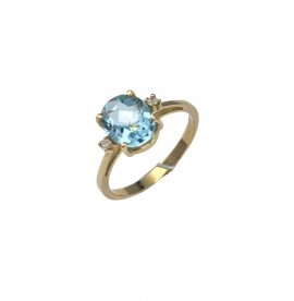 Anel ouro 18k com topázio azul e dois diamantes